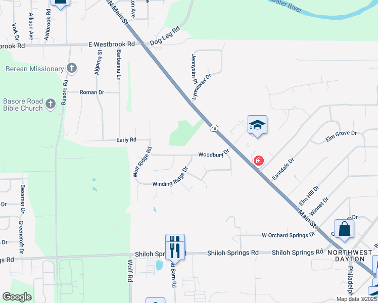 map of restaurants, bars, coffee shops, grocery stores, and more near 159 Woodbury Drive in Dayton