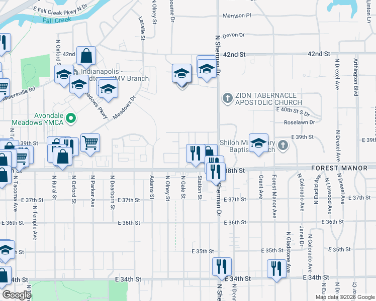 map of restaurants, bars, coffee shops, grocery stores, and more near 3615 Sherman Forest Drive in Indianapolis