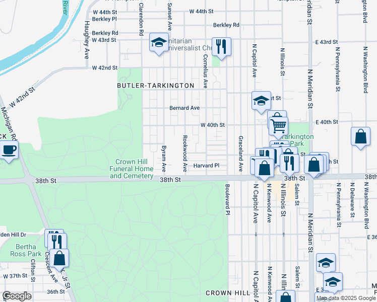 map of restaurants, bars, coffee shops, grocery stores, and more near 3901 Rookwood Avenue in Indianapolis