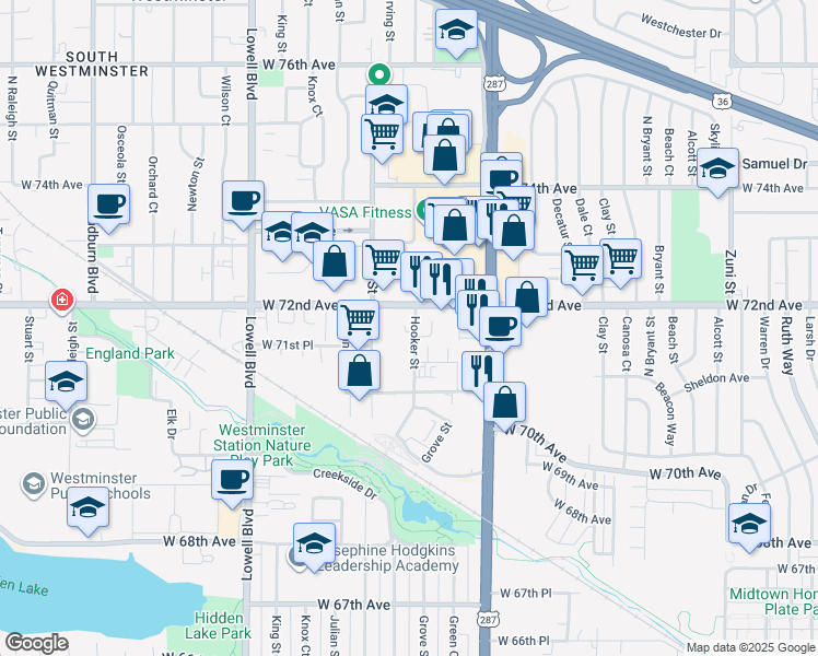 map of restaurants, bars, coffee shops, grocery stores, and more near 3250 West 72nd Avenue in Westminster