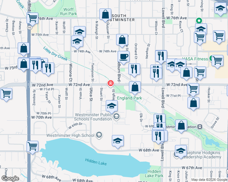 map of restaurants, bars, coffee shops, grocery stores, and more near 7165 Raleigh Street in Westminster