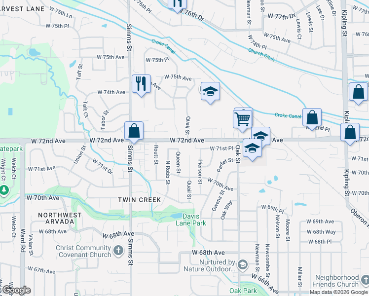 map of restaurants, bars, coffee shops, grocery stores, and more near 11342 West 71st Place in Arvada