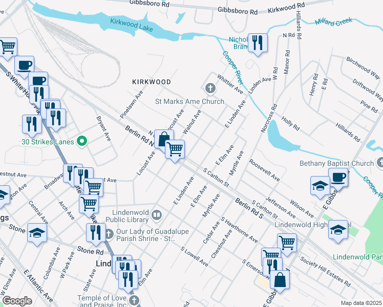 map of restaurants, bars, coffee shops, grocery stores, and more near 709 East Maple Avenue in Lindenwold