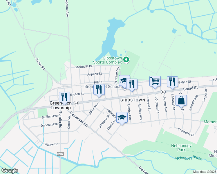 map of restaurants, bars, coffee shops, grocery stores, and more near 42 North Poplar Street in Greenwich Township