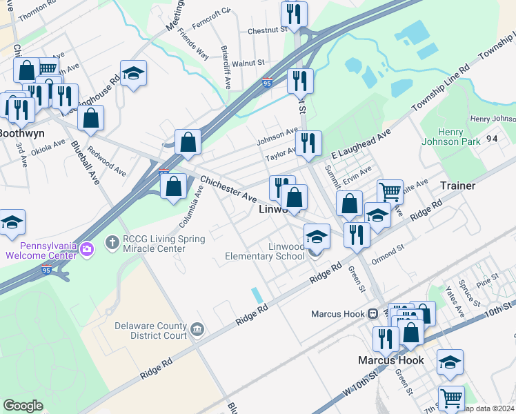 map of restaurants, bars, coffee shops, grocery stores, and more near 1636 Chichester Avenue in Linwood