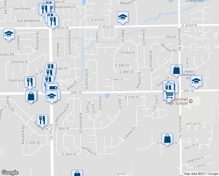 map of restaurants, bars, coffee shops, grocery stores, and more near 9427 Big Ben Circle in Indianapolis