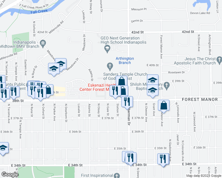 map of restaurants, bars, coffee shops, grocery stores, and more near 3853 Mill Crossing Drive in Indianapolis