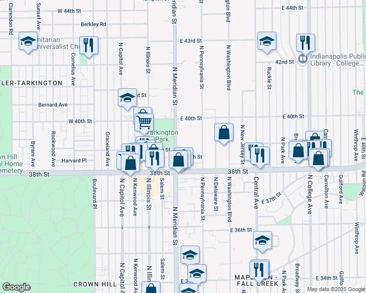 map of restaurants, bars, coffee shops, grocery stores, and more near 3853 North Meridian Street in Indianapolis