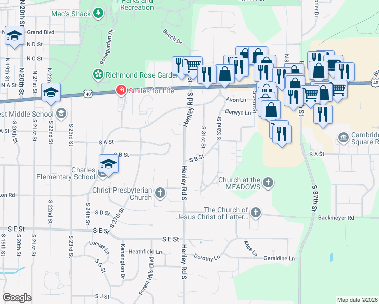 map of restaurants, bars, coffee shops, grocery stores, and more near 305 Henley Road South in Richmond
