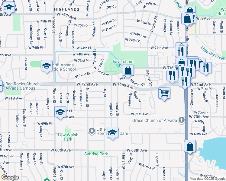 map of restaurants, bars, coffee shops, grocery stores, and more near 7136 Jay Street in Arvada
