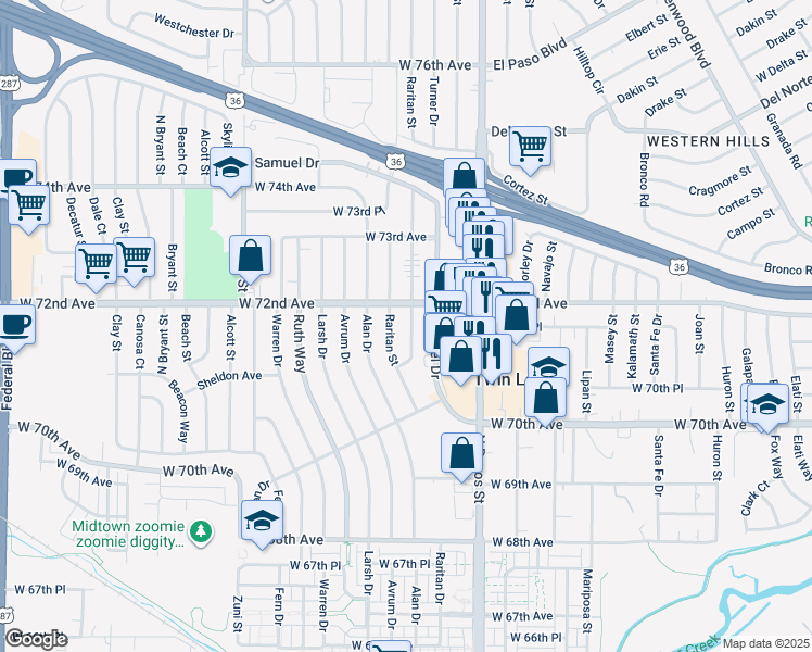map of restaurants, bars, coffee shops, grocery stores, and more near 7151 Quivas Street in Denver