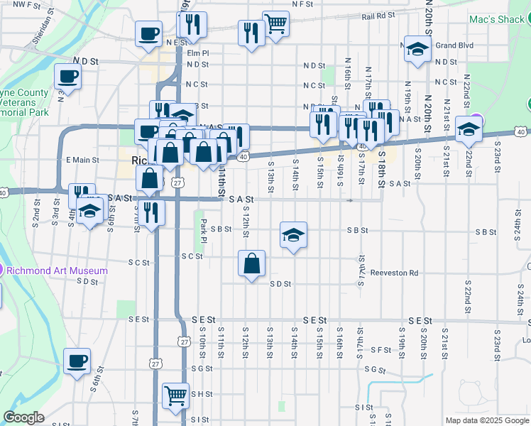 map of restaurants, bars, coffee shops, grocery stores, and more near 118 South 13th Street in Richmond