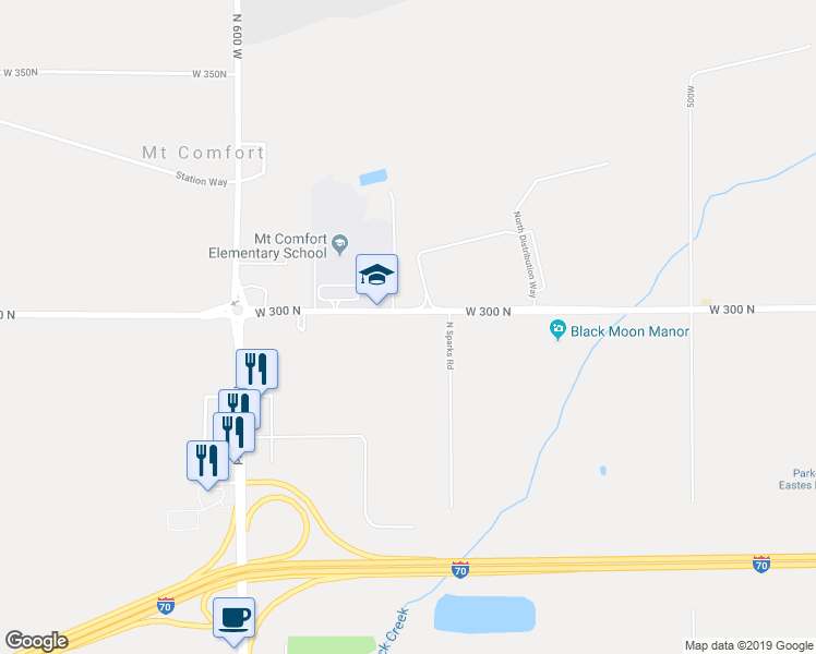 map of restaurants, bars, coffee shops, grocery stores, and more near 5589 West 300 North in Greenfield
