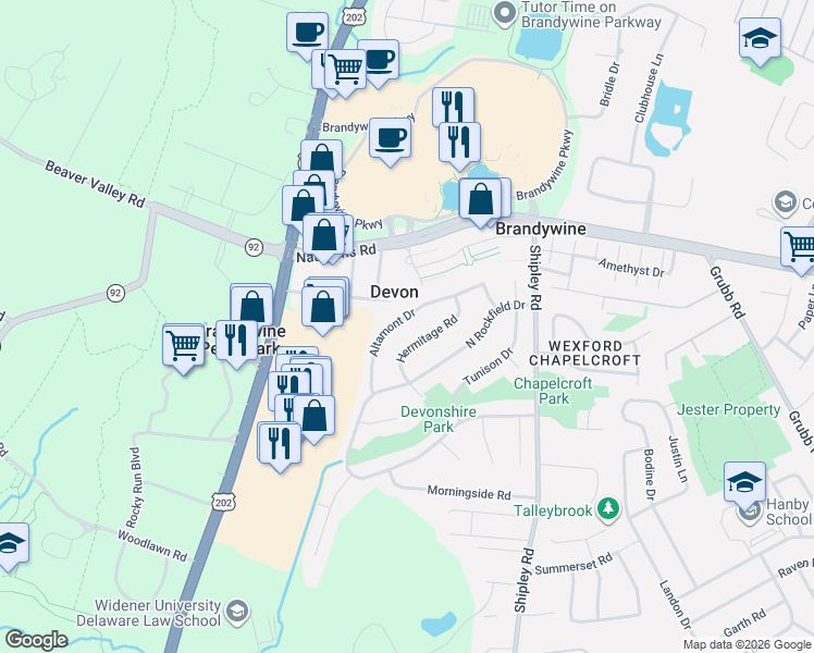 map of restaurants, bars, coffee shops, grocery stores, and more near 3324 Altamont Drive in Wilmington