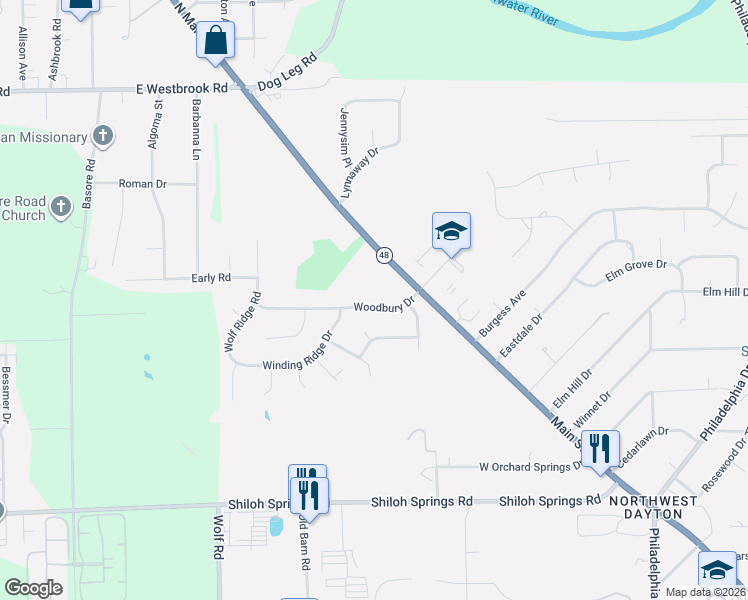 map of restaurants, bars, coffee shops, grocery stores, and more near 127 Woodbury Drive in Dayton