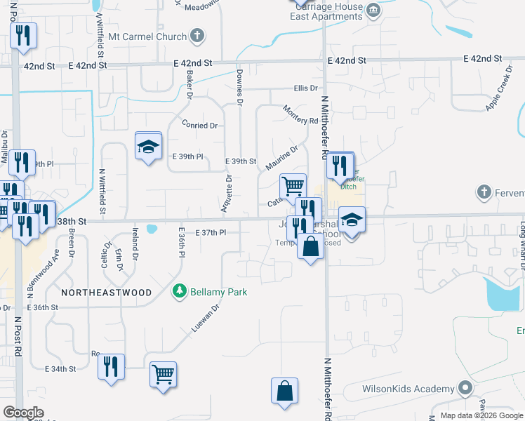 map of restaurants, bars, coffee shops, grocery stores, and more near 3805 Strathmore Drive in Indianapolis