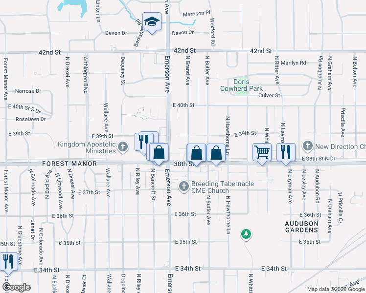 map of restaurants, bars, coffee shops, grocery stores, and more near 3814 North Grand Avenue in Indianapolis