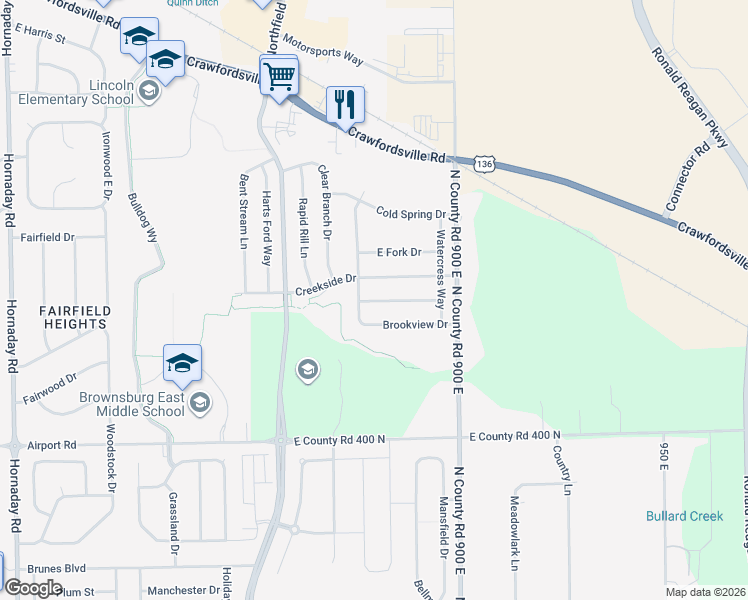 map of restaurants, bars, coffee shops, grocery stores, and more near 1603 Quinn Creek Drive in Brownsburg