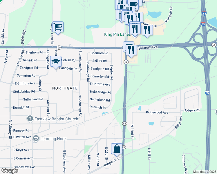 map of restaurants, bars, coffee shops, grocery stores, and more near 1925-2009 Skipton Road in Springfield