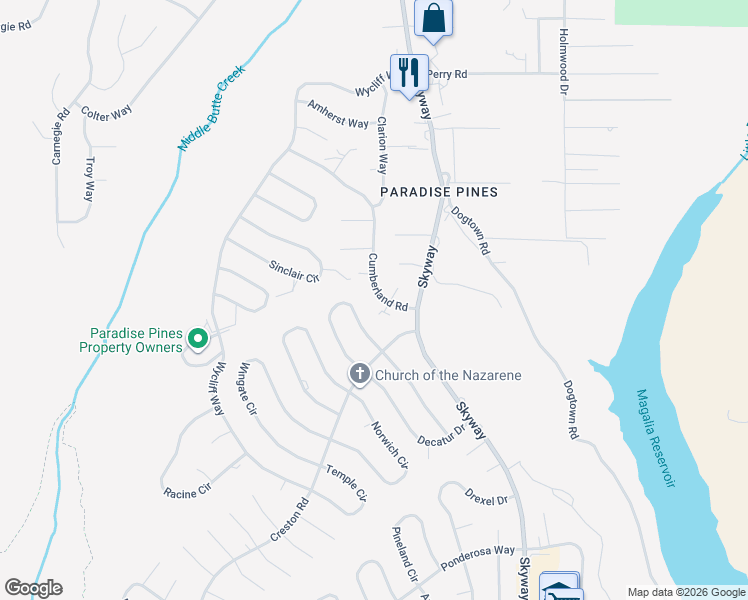 map of restaurants, bars, coffee shops, grocery stores, and more near 6398 Cumberland Road in Magalia
