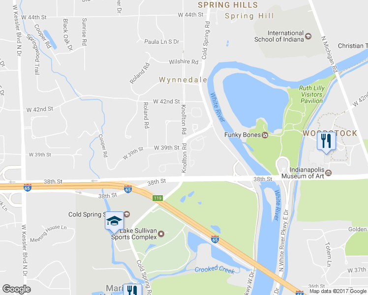 map of restaurants, bars, coffee shops, grocery stores, and more near 2006 West 39th Street in Indianapolis