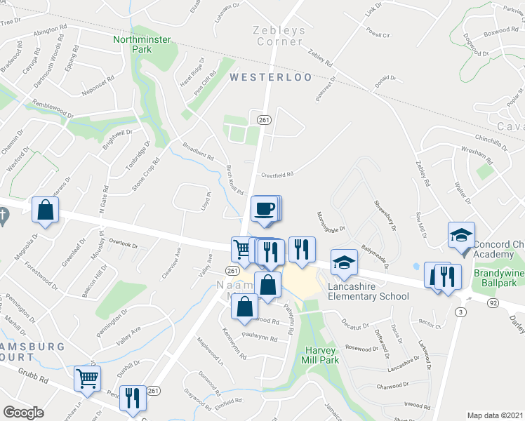 map of restaurants, bars, coffee shops, grocery stores, and more near 2512 Foulk Road in Wilmington