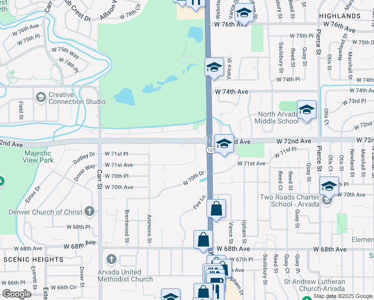 map of restaurants, bars, coffee shops, grocery stores, and more near 7991 West 71st Avenue in Arvada