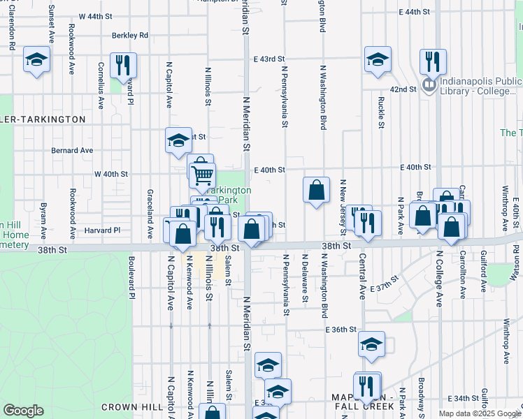 map of restaurants, bars, coffee shops, grocery stores, and more near 3901 North Meridian Street in Indianapolis
