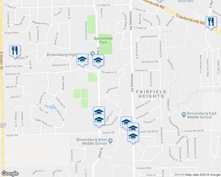 map of restaurants, bars, coffee shops, grocery stores, and more near 1111 Redwood Drive in Brownsburg