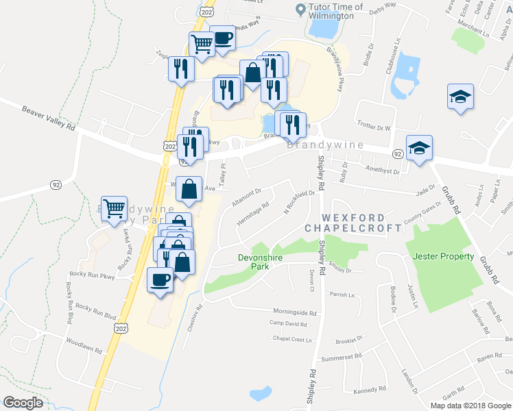 map of restaurants, bars, coffee shops, grocery stores, and more near 3309 Hermitage Road in Wilmington