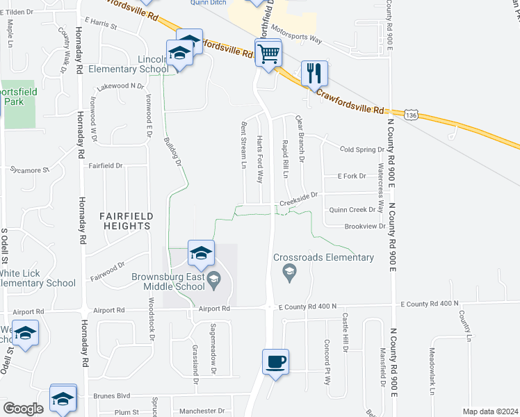 map of restaurants, bars, coffee shops, grocery stores, and more near 1465 Creekside Drive in Brownsburg