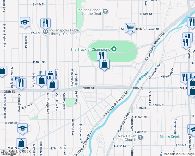 map of restaurants, bars, coffee shops, grocery stores, and more near 1202 East 38th Street in Indianapolis