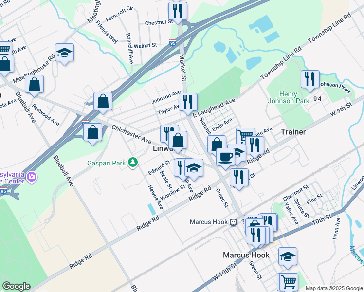 map of restaurants, bars, coffee shops, grocery stores, and more near 1616 Ward Street in Linwood