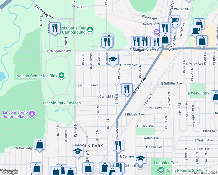 map of restaurants, bars, coffee shops, grocery stores, and more near 1924 North 8th Street in Springfield