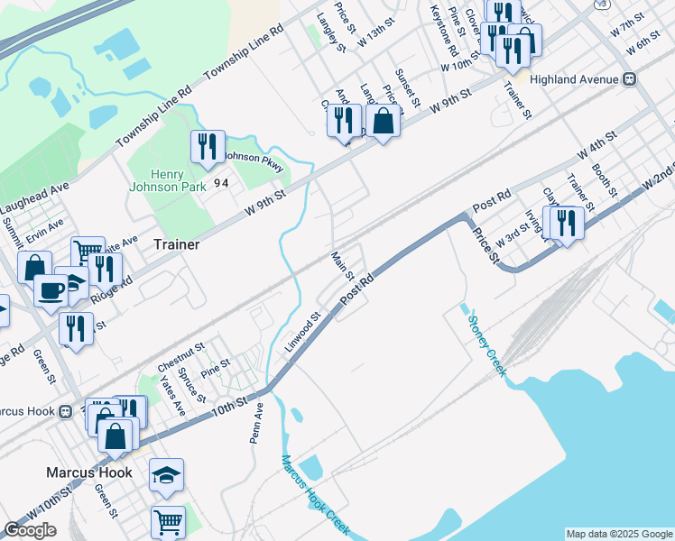 map of restaurants, bars, coffee shops, grocery stores, and more near 504 Main Street in Trainer