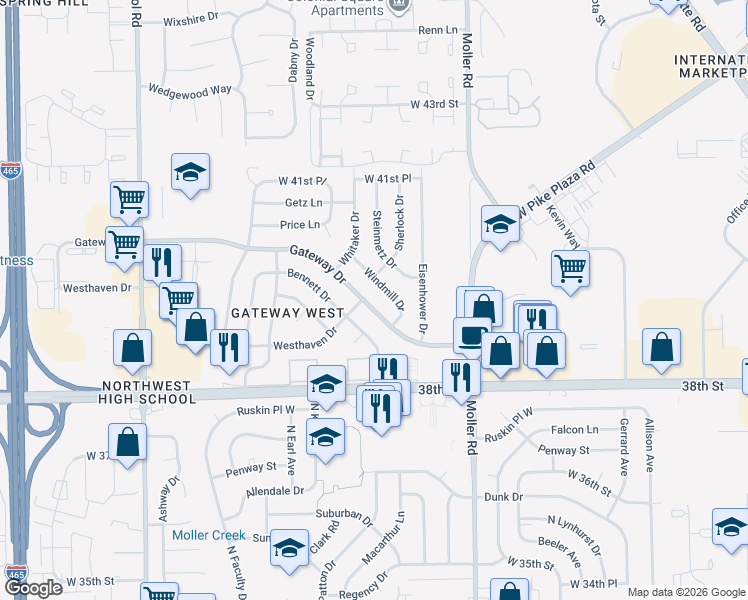 map of restaurants, bars, coffee shops, grocery stores, and more near 5726 Gateway Drive in Indianapolis