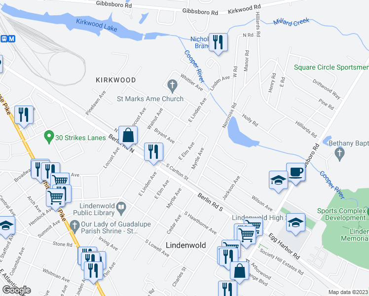 map of restaurants, bars, coffee shops, grocery stores, and more near 802 E Elm Ave in Lindenwold