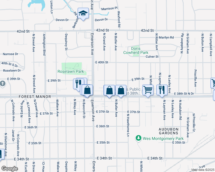 map of restaurants, bars, coffee shops, grocery stores, and more near 3814 North Grand Avenue in Indianapolis