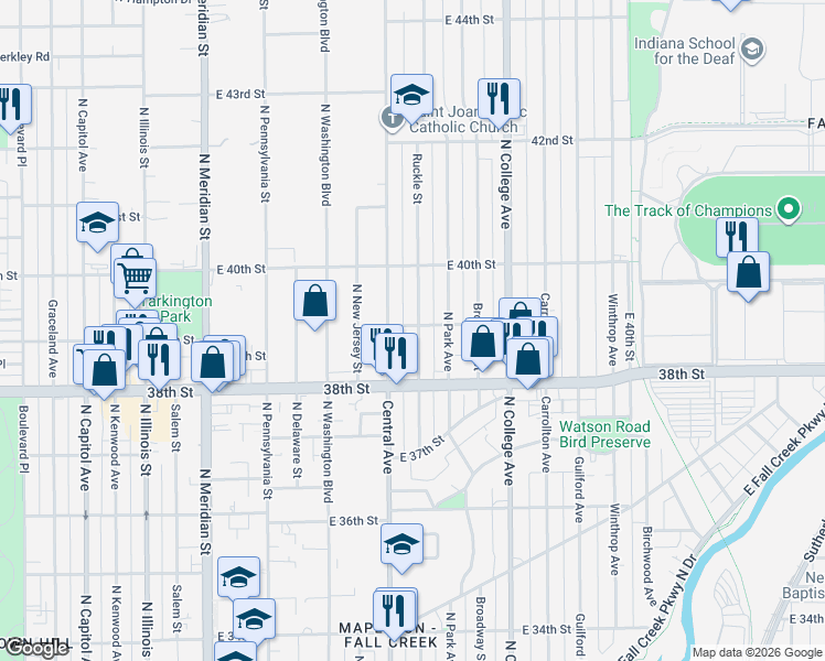 map of restaurants, bars, coffee shops, grocery stores, and more near 3853 Central Avenue in Indianapolis