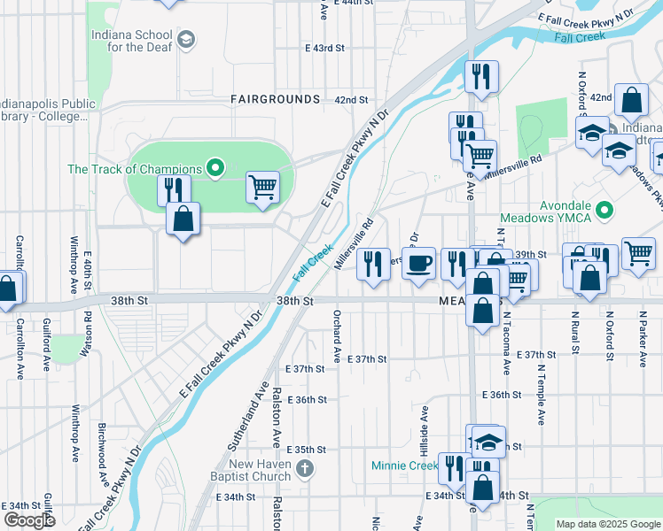 map of restaurants, bars, coffee shops, grocery stores, and more near 3090 Fall Creek Parkway Trail in Indianapolis
