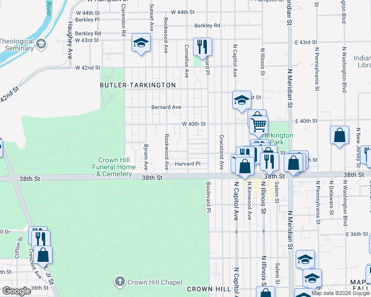 map of restaurants, bars, coffee shops, grocery stores, and more near 402 W 39th St in Indianapolis