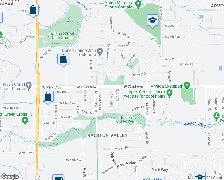 map of restaurants, bars, coffee shops, grocery stores, and more near 13775 West 71st Place in Arvada