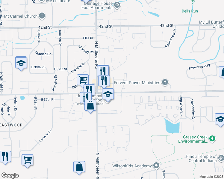 map of restaurants, bars, coffee shops, grocery stores, and more near 3806 Marietta Drive in Indianapolis