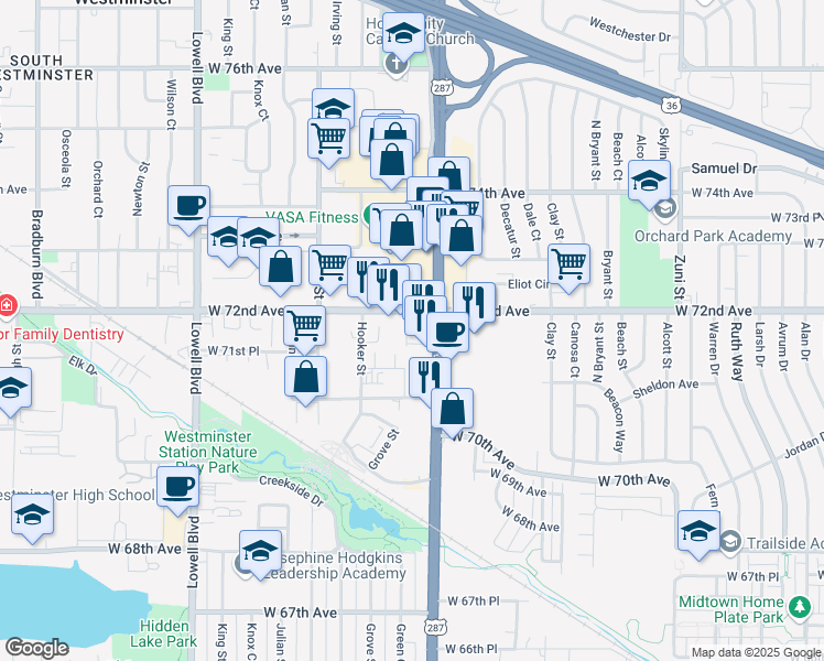 map of restaurants, bars, coffee shops, grocery stores, and more near 7195 Federal Boulevard in Westminster