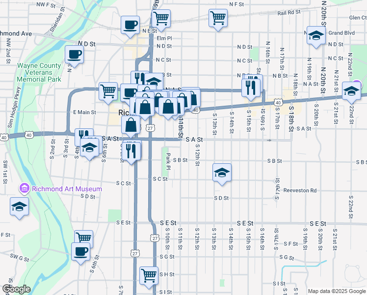 map of restaurants, bars, coffee shops, grocery stores, and more near 120 South 11th Street in Richmond