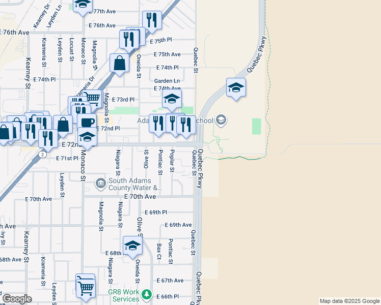 map of restaurants, bars, coffee shops, grocery stores, and more near 7180 Poplar Street in Commerce City