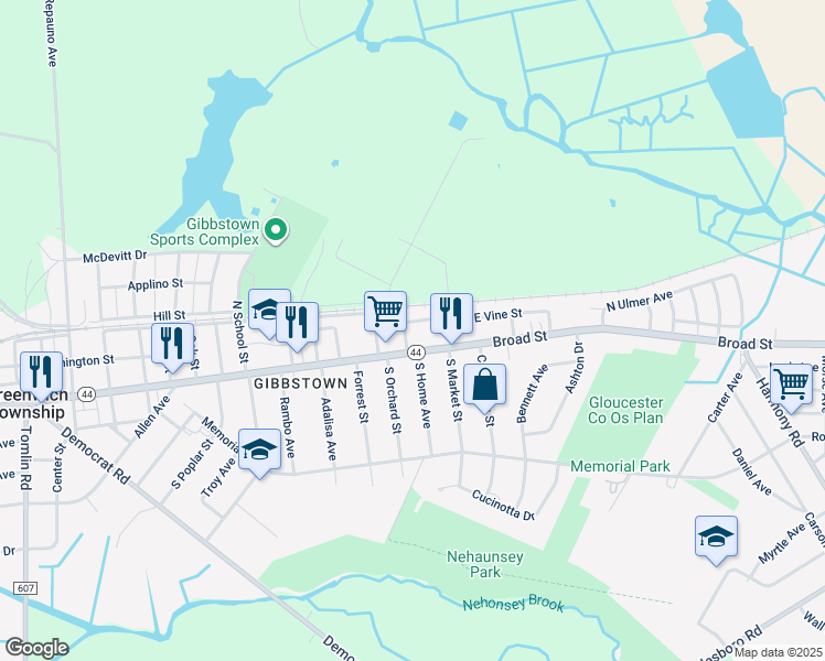 map of restaurants, bars, coffee shops, grocery stores, and more near 6 North Home Avenue in Greenwich Township