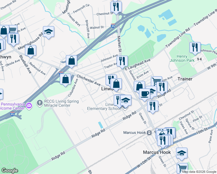 map of restaurants, bars, coffee shops, grocery stores, and more near in Linwood