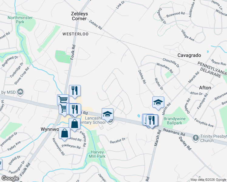 map of restaurants, bars, coffee shops, grocery stores, and more near 82 Ballymeade Drive in Wilmington