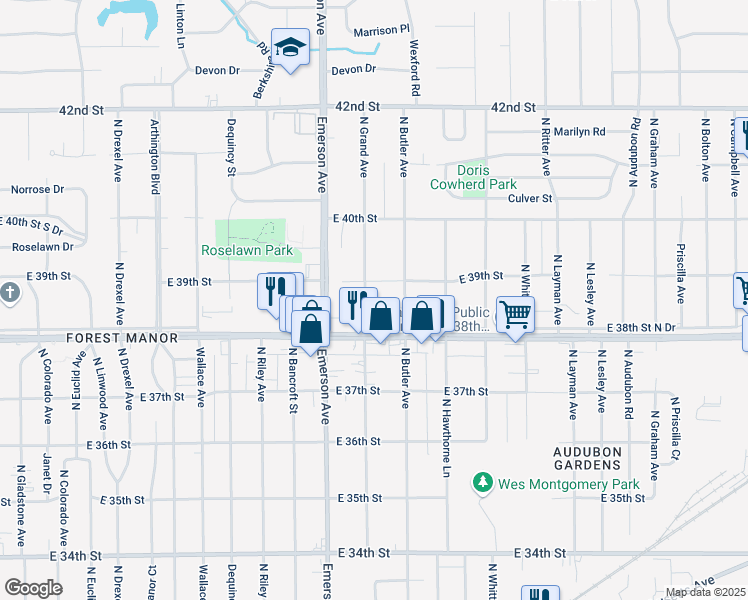 map of restaurants, bars, coffee shops, grocery stores, and more near 3814 North Grand Avenue in Indianapolis